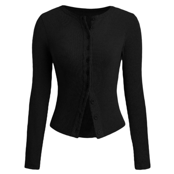 Button Front Ribbed Long Sleeve Cropped Shirt Black - Picture 1 of 4
